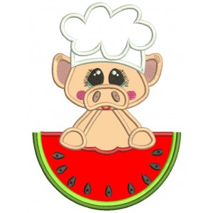 Chef Piggy Holding a Watermelon Applique Machine Embroidery Design Digitized Pattern